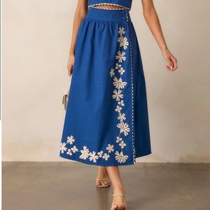 NEW Benaar LA Raja Blue Floral Embroidered Wrap Midi Skirt size small